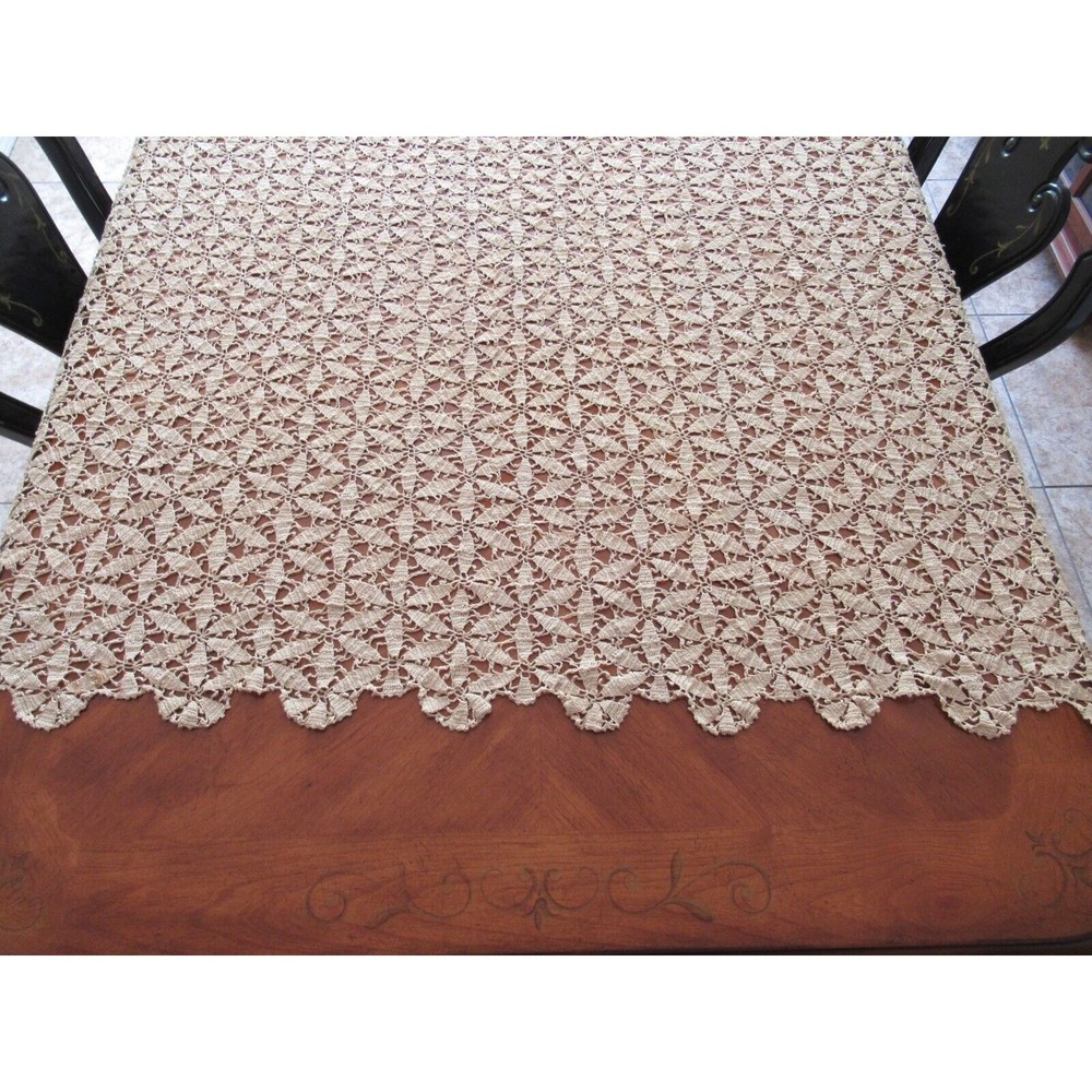 Vintage Handmade Beige CROCHET LACE TABLECLOTH Coverlet Bed Topper 59"x79" - Picture 6 of 14